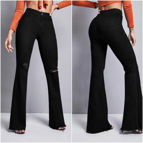 Black High Waisted Distressed Bell Bottom Denim Jeans - Picture 2 of 3